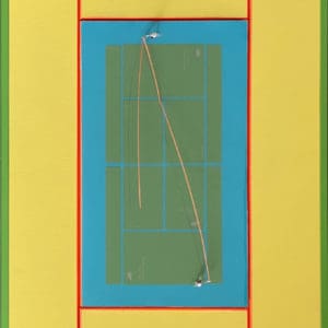 J David Carlson, Tennis Court: Green on Blue + Yellow, 2020, Paint chips, acrylic resin, and plastic figure